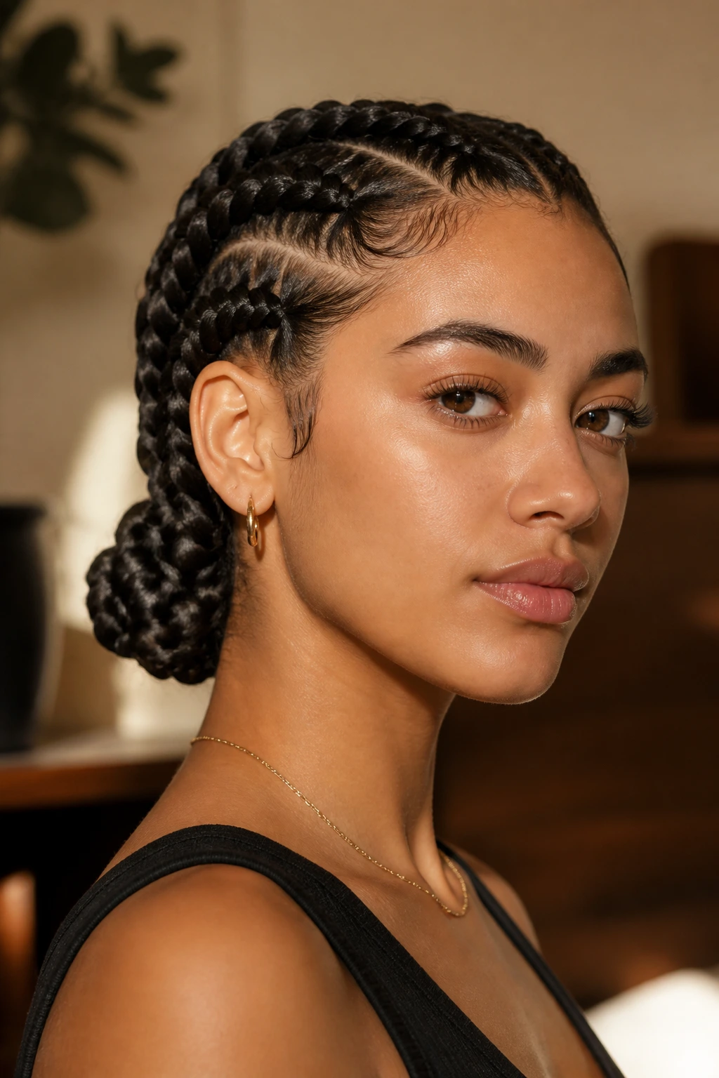 Real woman with low-nape jumbo braids near the jawline