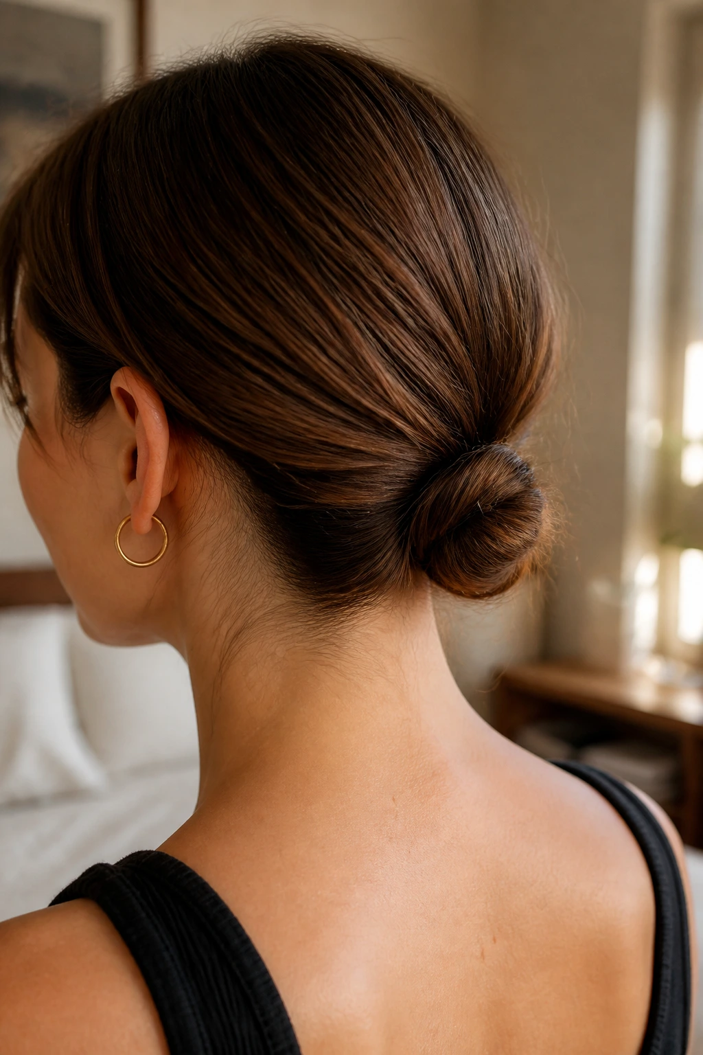 Real person with a small knot at the nape of the neck.