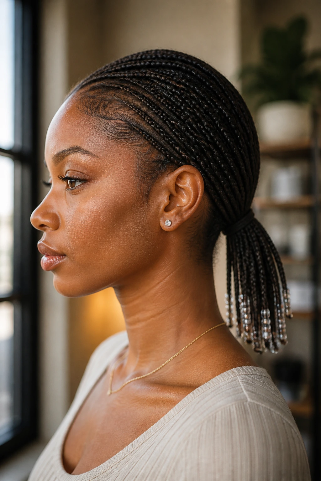 Close-up of a real woman with a low nape ponytail and sparse beaded ends