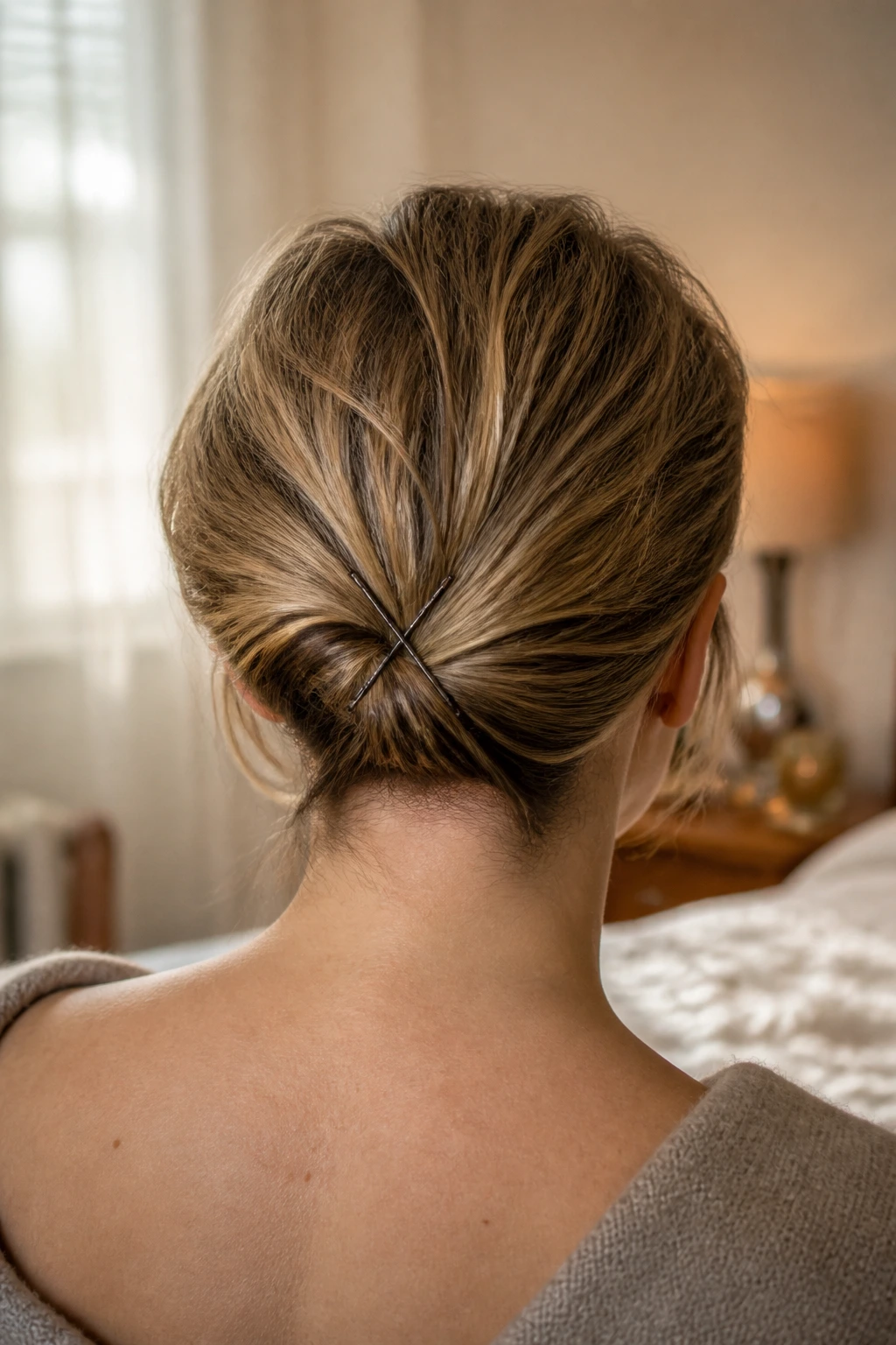 Back view close-up of a real woman with a nape twist pinned in an X