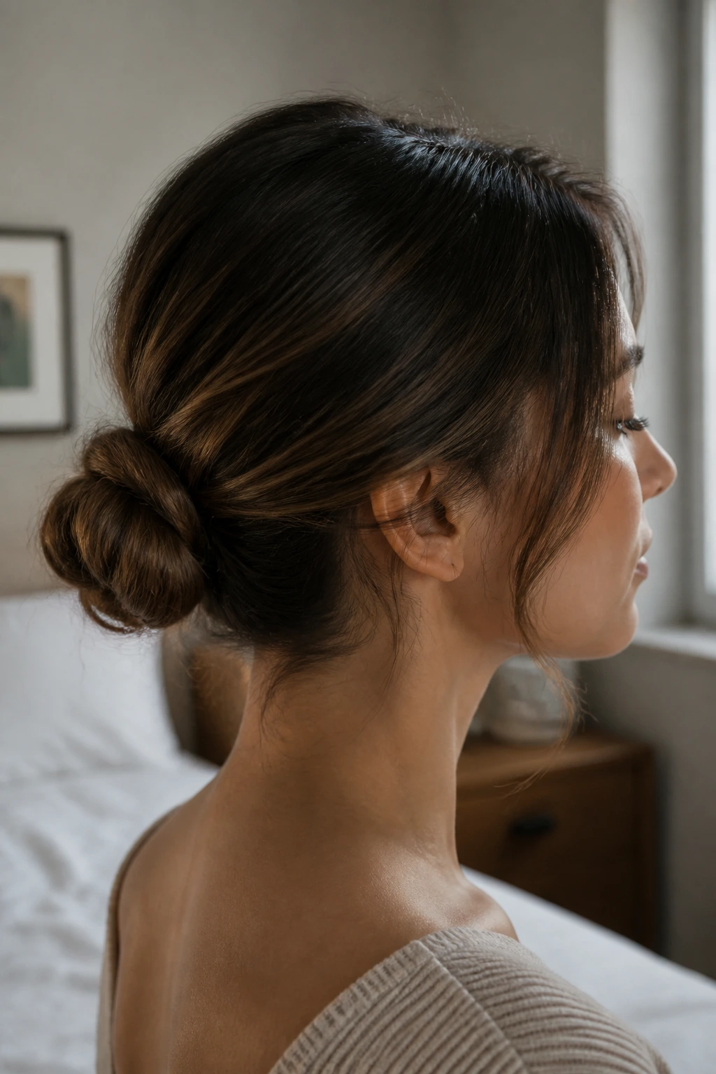 Close-up of a low nest bun at the back of the head on a real person