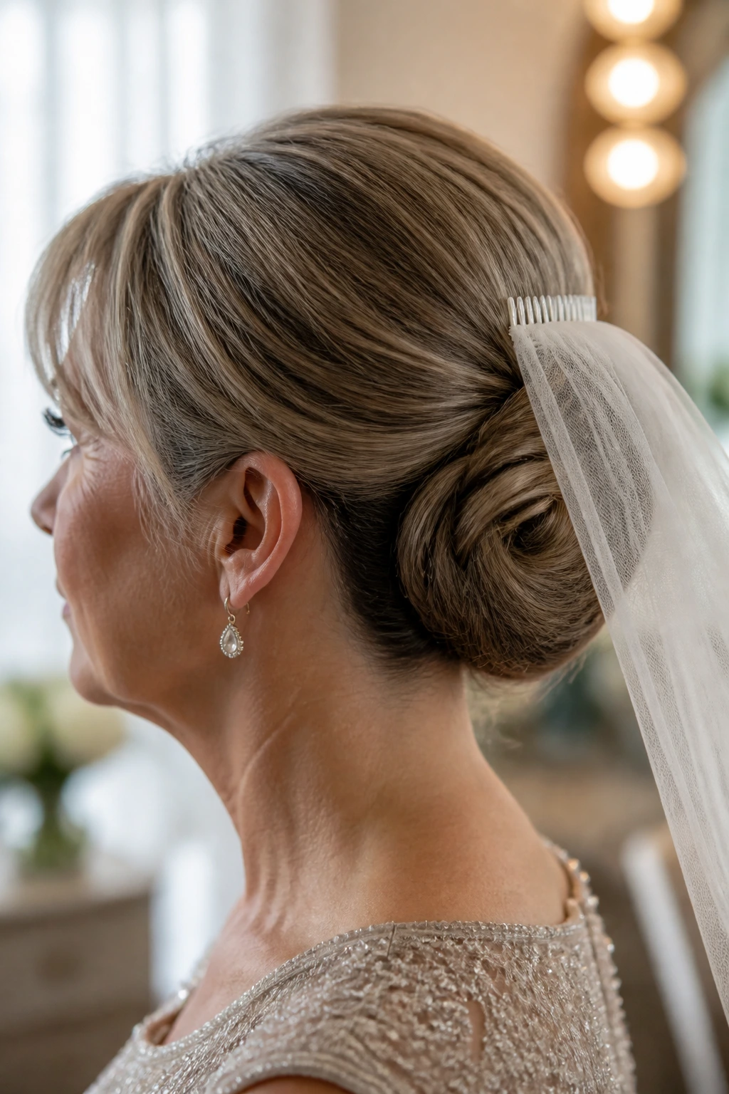 Profile close-up of a veil-friendly low nest bun at the nape