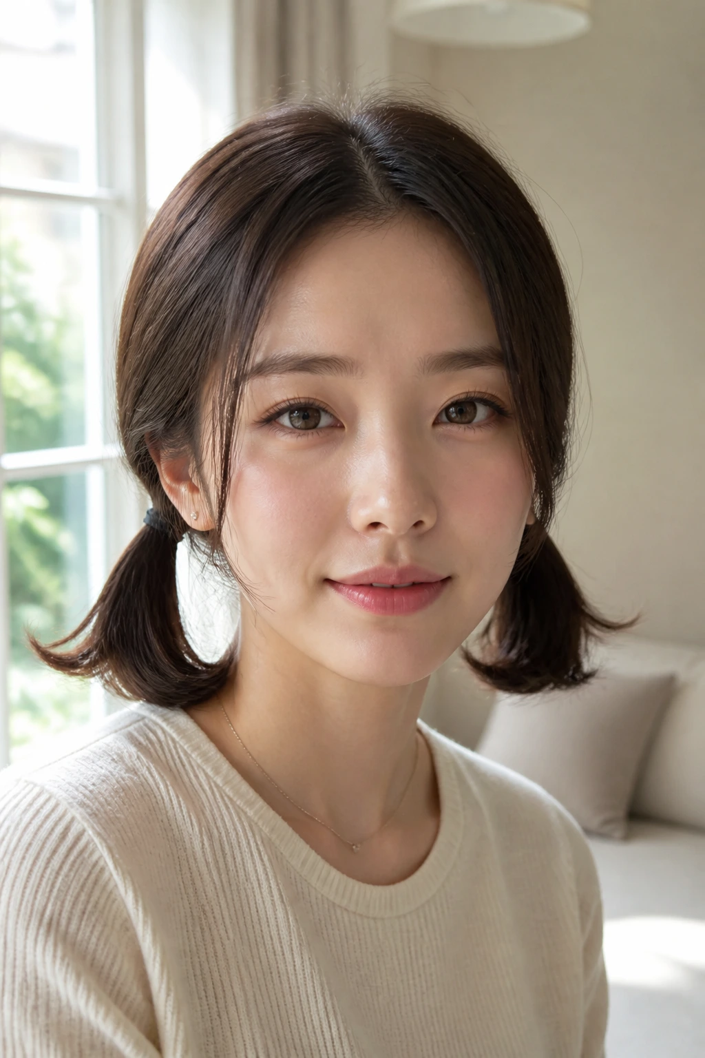Low pigtails with bent ends on thin hair, close-up portrait of a real woman