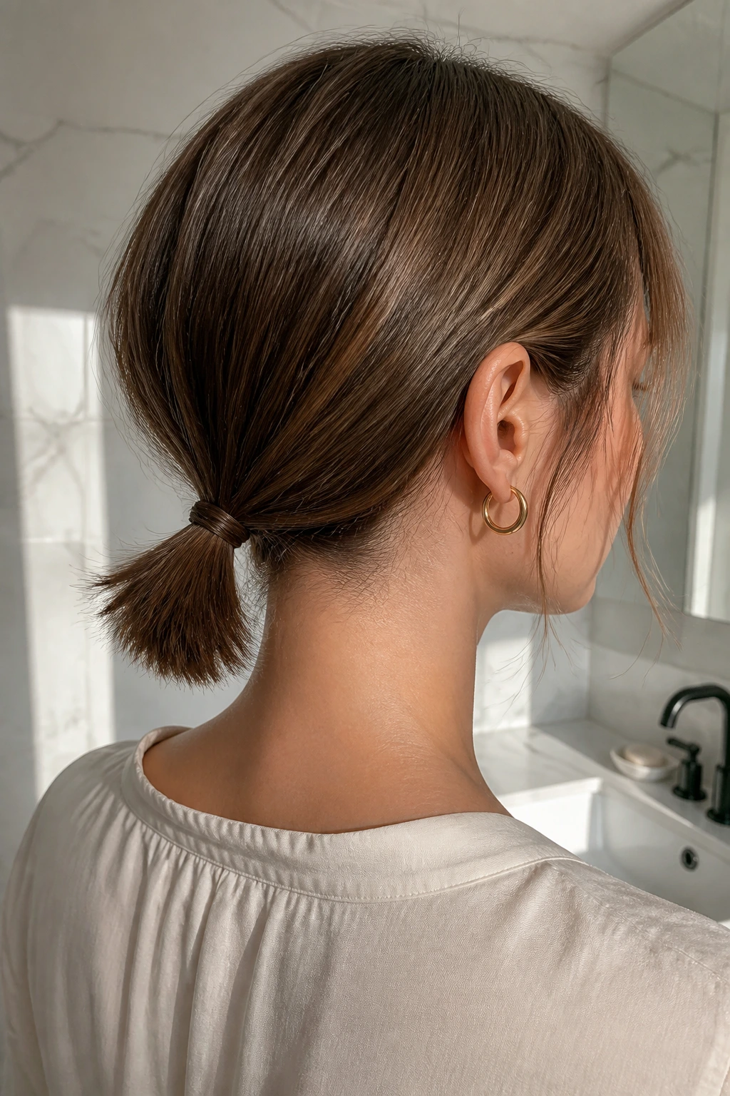 Back/side view of a real person showing a low ponytail at the nape of chin-length hair