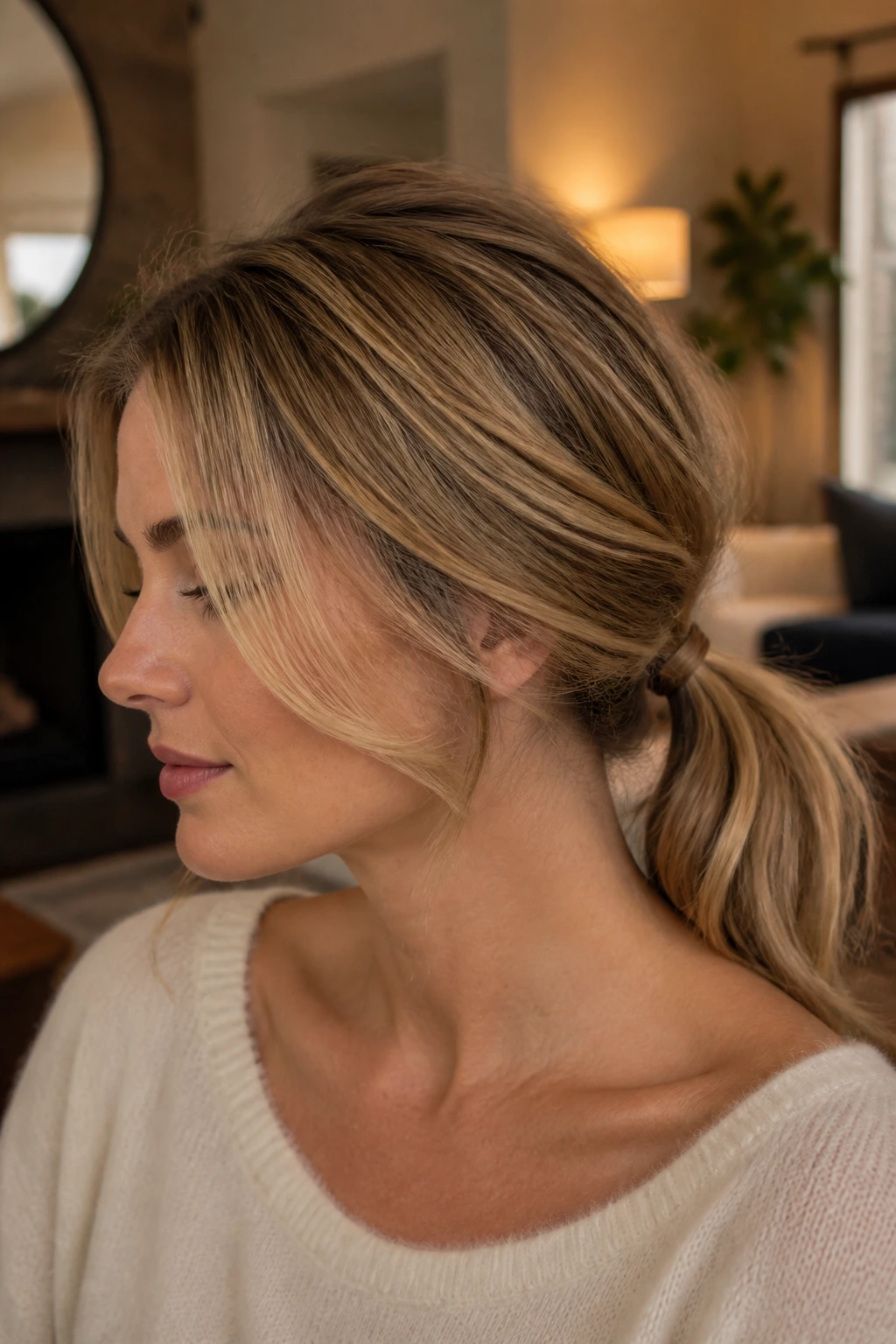 Real woman with a low ponytail at the nape and crown volume.