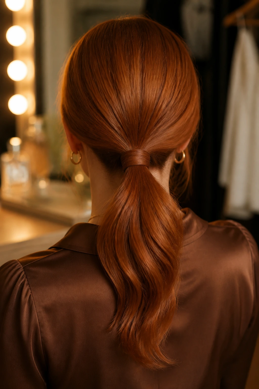 Back view of a woman with a polished low pony and wrapped base on medium red hair