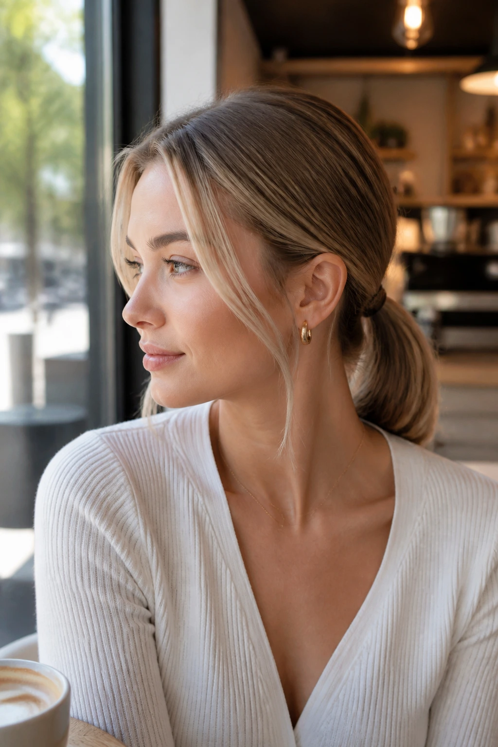 Portrait of a real woman with a sleek low ponytail and face-framing babylights