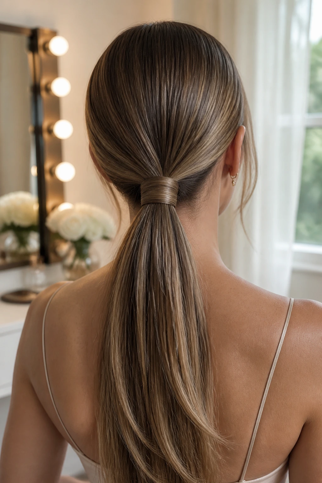 Back view of a real woman with a wrapped low ponytail and babylights.