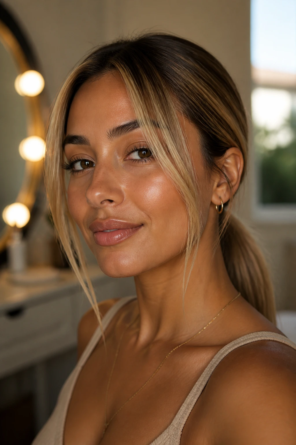 Close-up of a real woman with a low ponytail and blonde face-framing pieces.