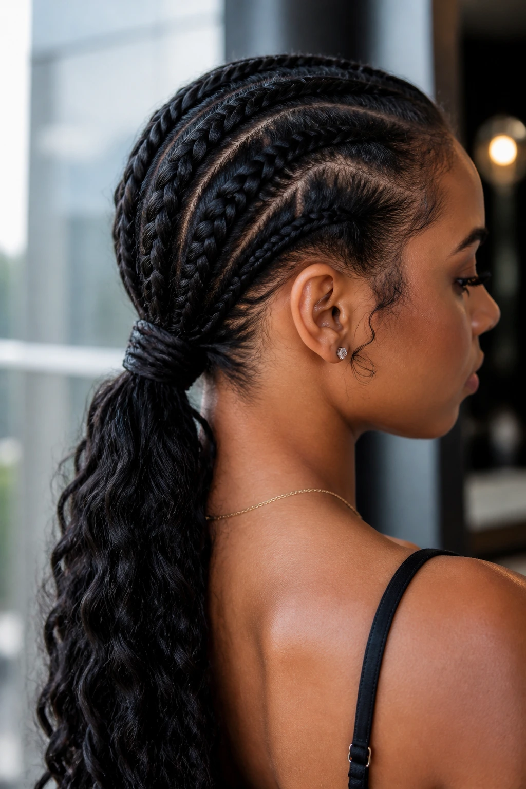 Close-up of a real woman with a wrapped low braided ponytail at the nape in a salon setting