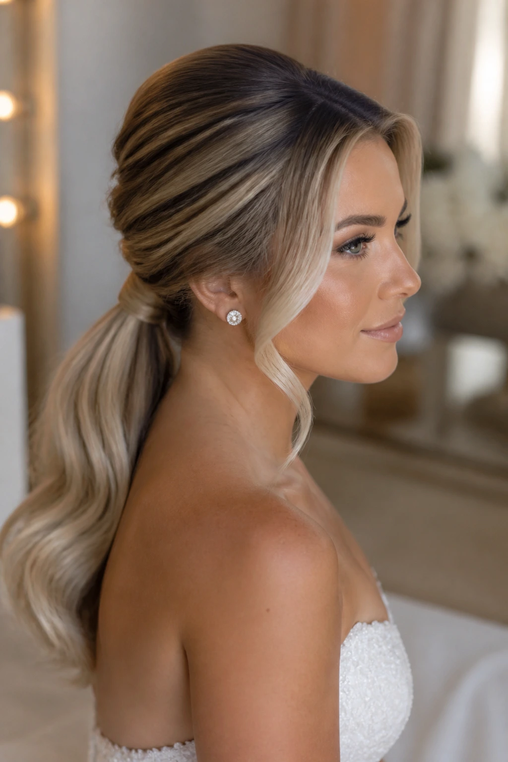 Close-up of Wrapped Low Ponytail With a Polished Crown on a real bride with glossy money piece