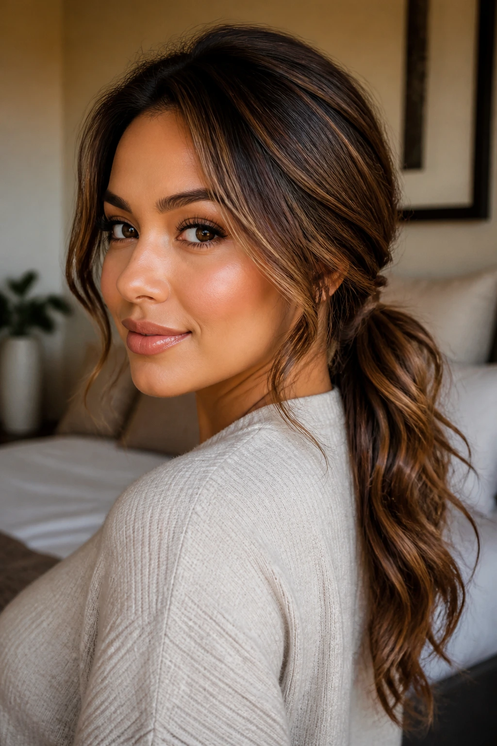 Close-up of a woman with a low ponytail, loose waves, and cinnamon babylights