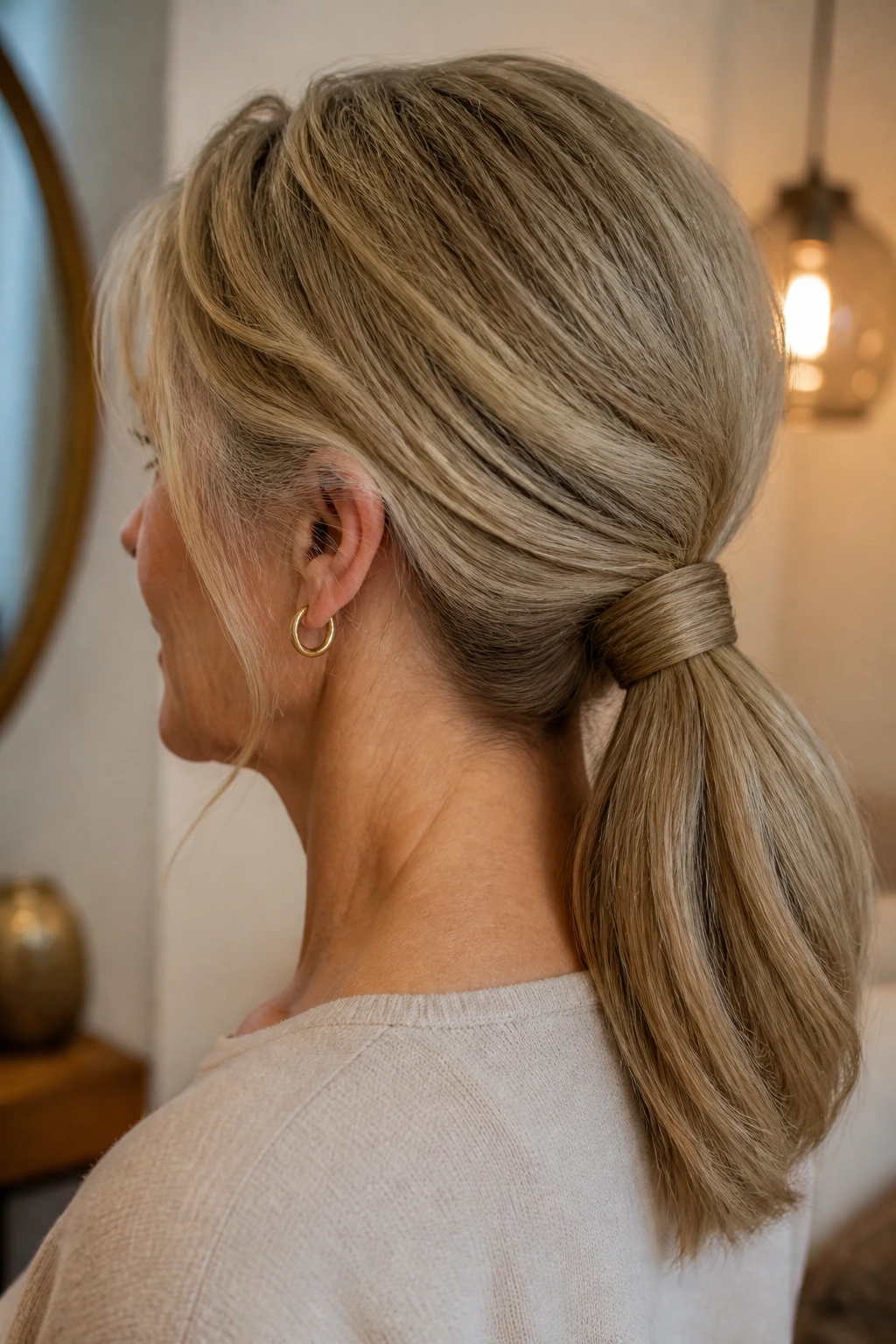 Real woman with low ponytail thickened at the nape using clip-ins