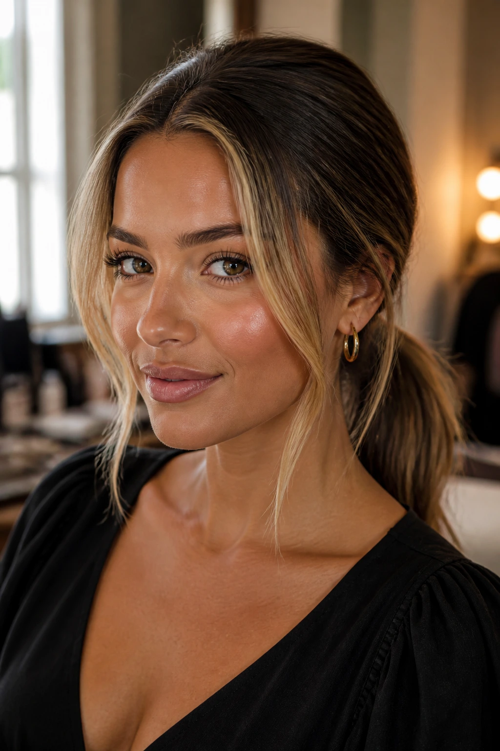 Portrait showing a low ponytail with money-piece highlights illustrating design principles