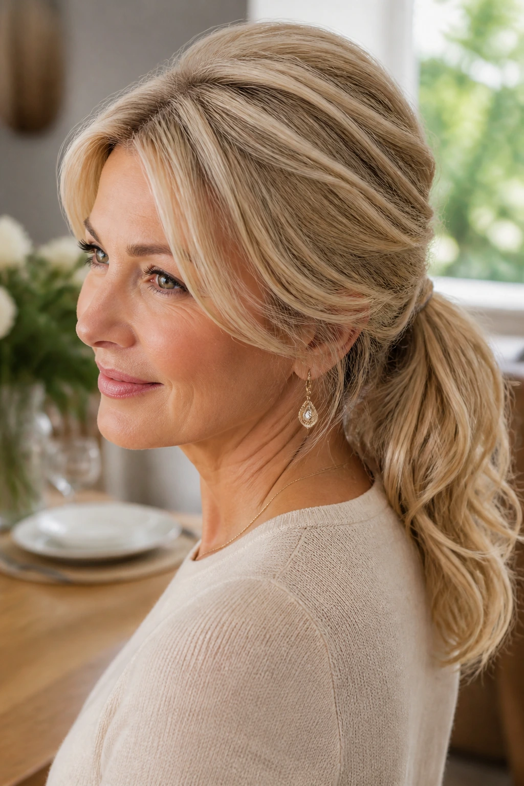 Portrait of woman with loose low ponytail and crown lift, showing color movement in blonde hair.