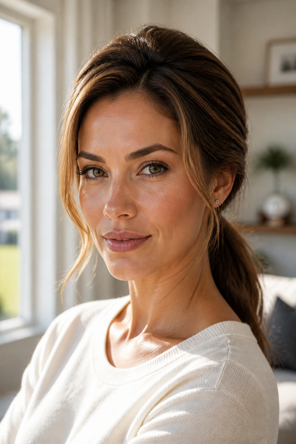Close-up of a woman with low ponytail and crown lift in warm daylight