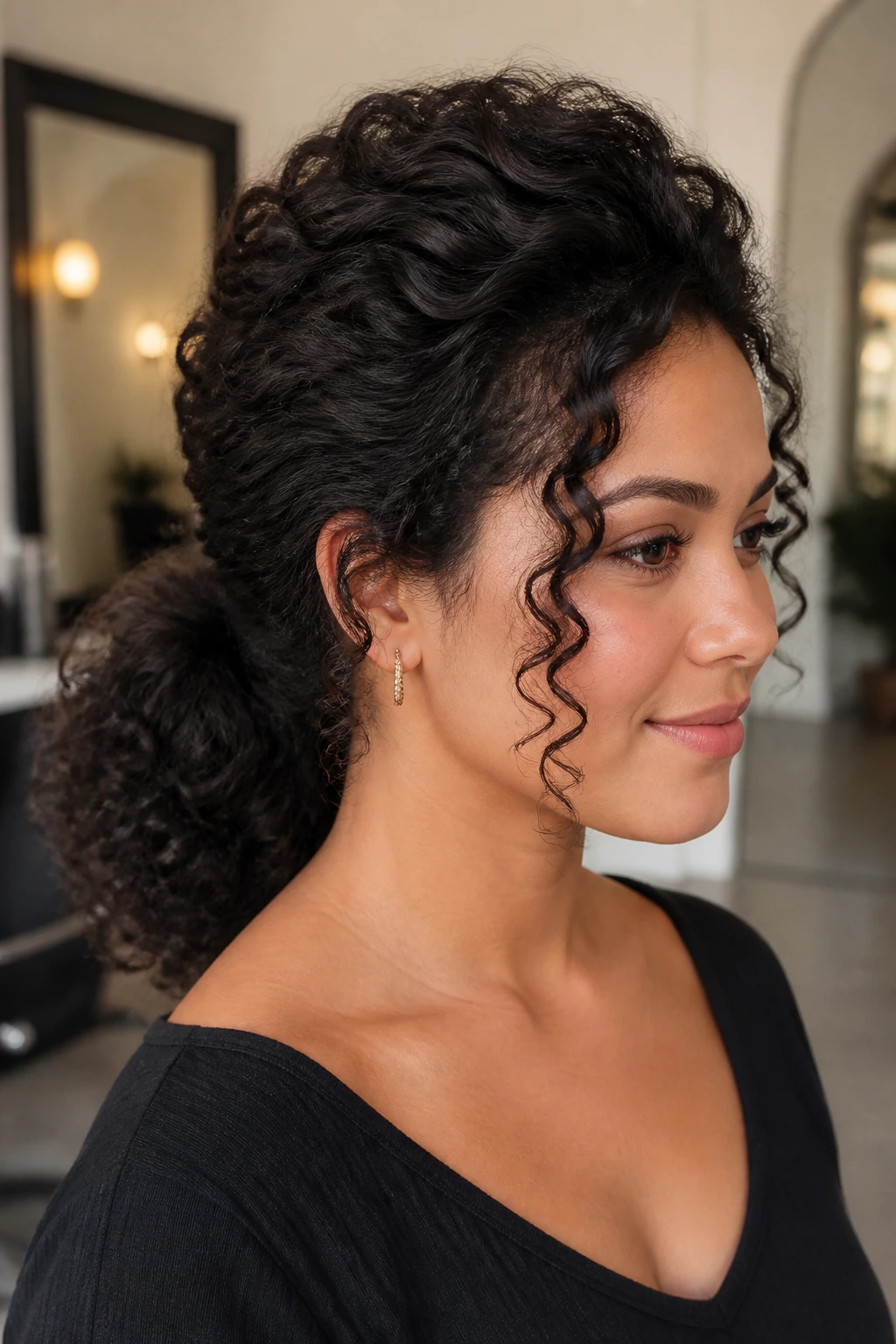 Portrait of a real person with a low curly ponytail and crown lift