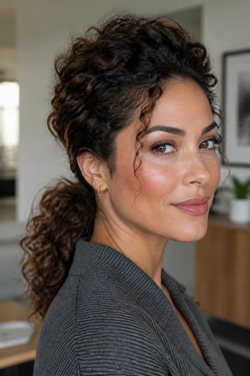 Close-up of a real woman with a low curly ponytail and crown volume.