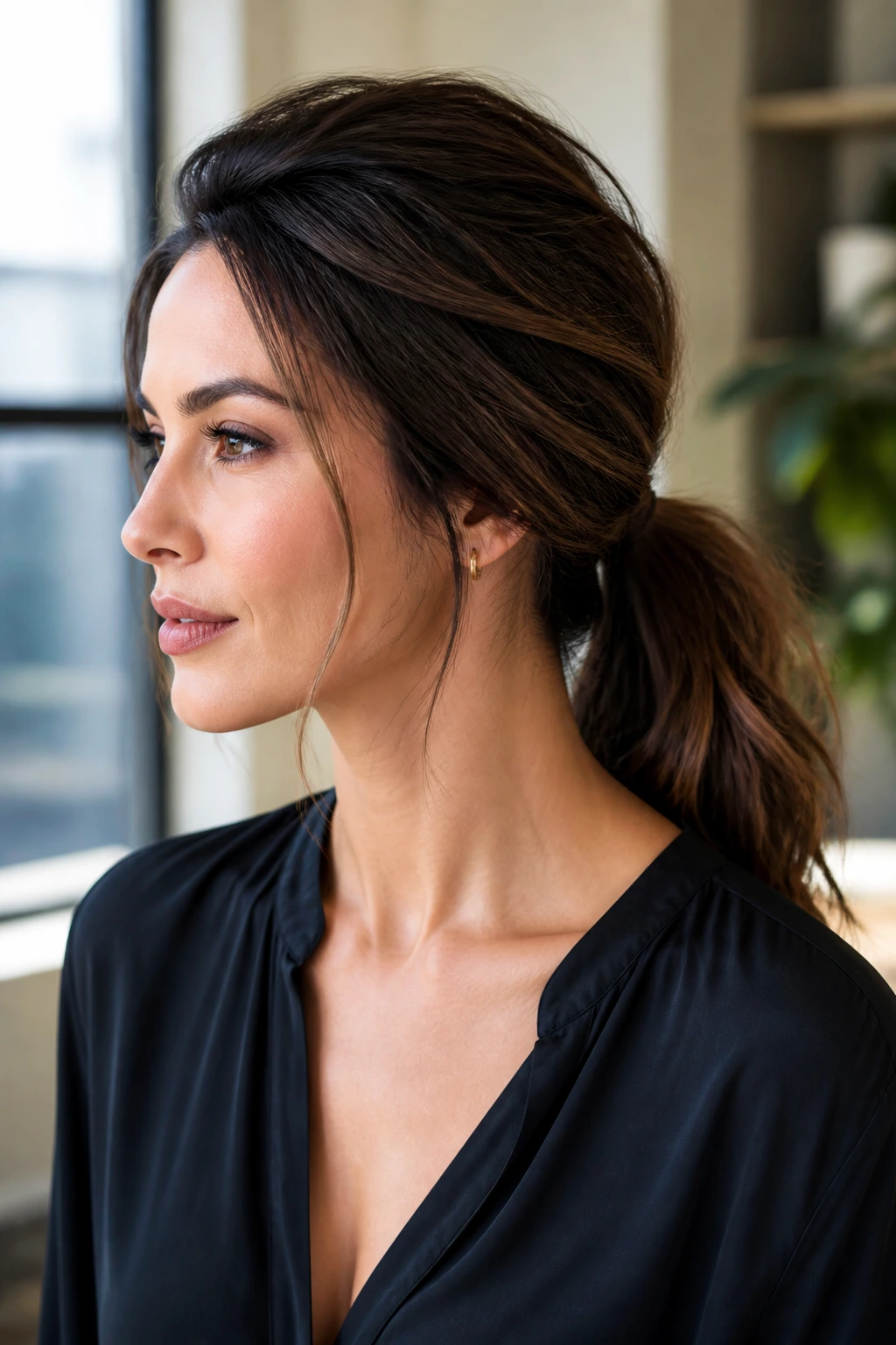 Portrait of a real woman with a low ponytail and crown volume.