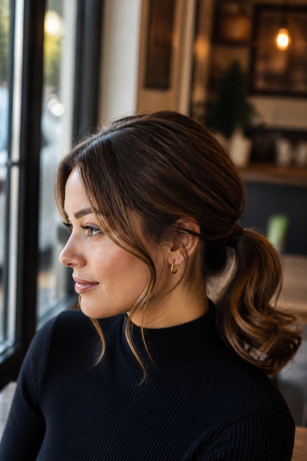 Close-up of a real woman's head showing a low ponytail with curled ends and face-framing pieces