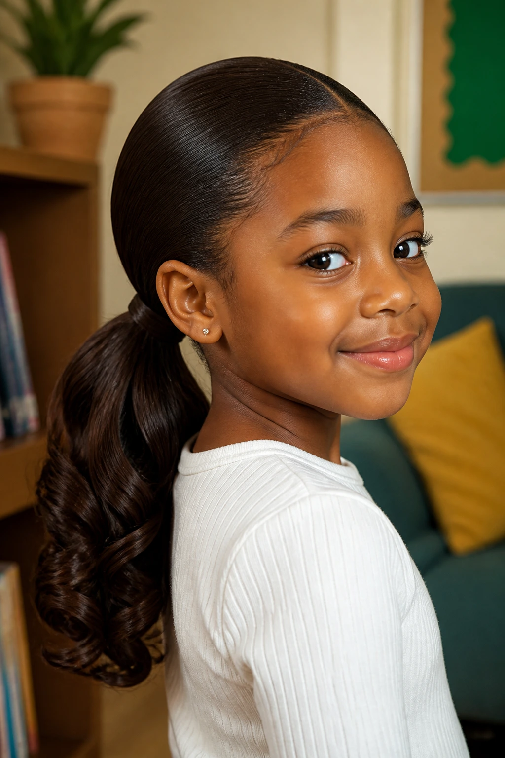Close-up of a real girl with a low ponytail and curled ends