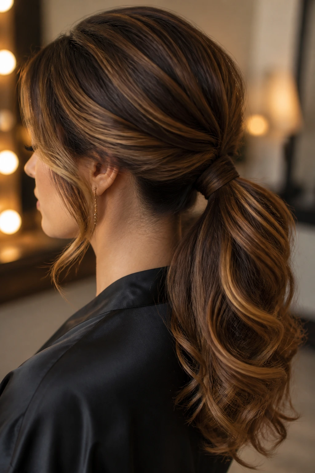 Close-up of a real woman with sculpted low ponytail and curled lengths with caramel highlights