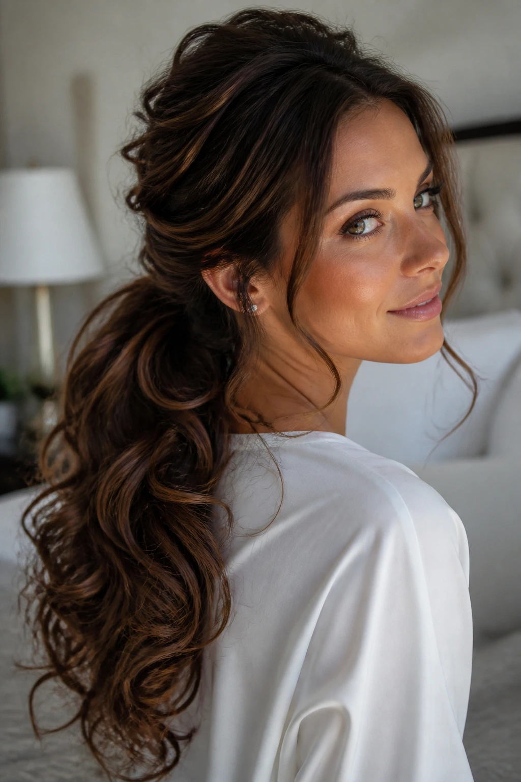 Close-up of a real woman with a low ponytail of cascading curls