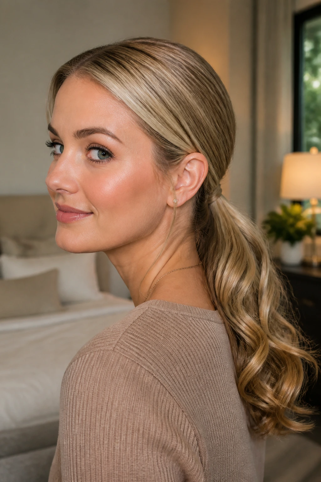 Portrait of a real woman with low ponytail and curled ends at the nape