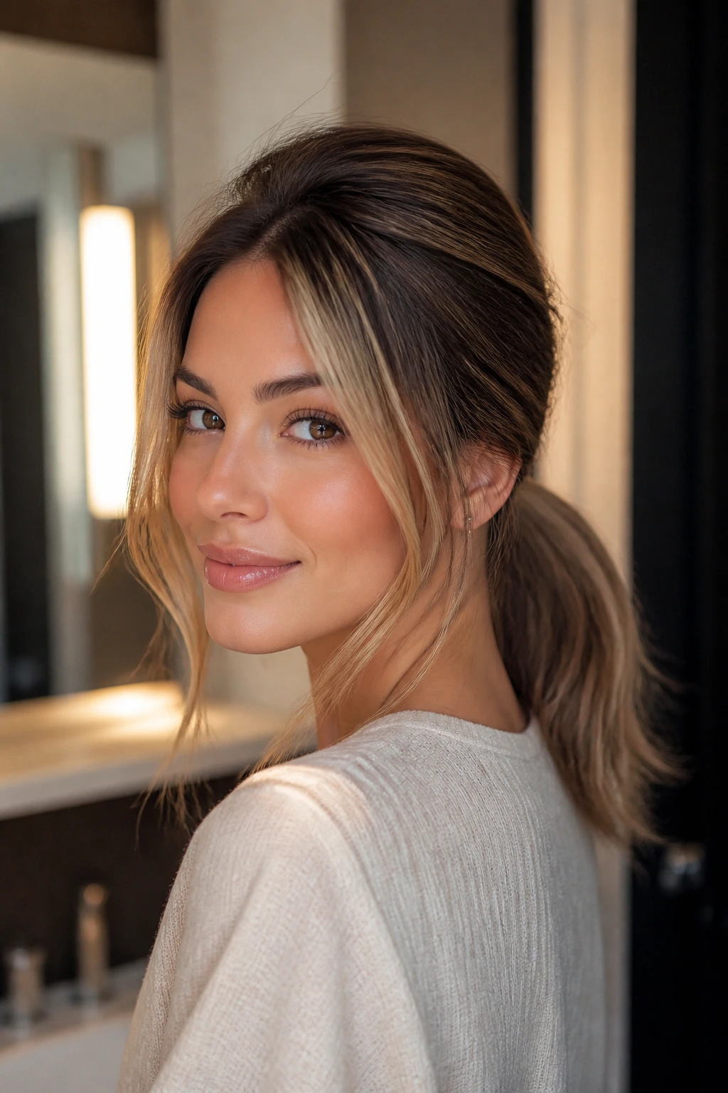 Portrait of person with low ponytail crown lift and face-frame ends