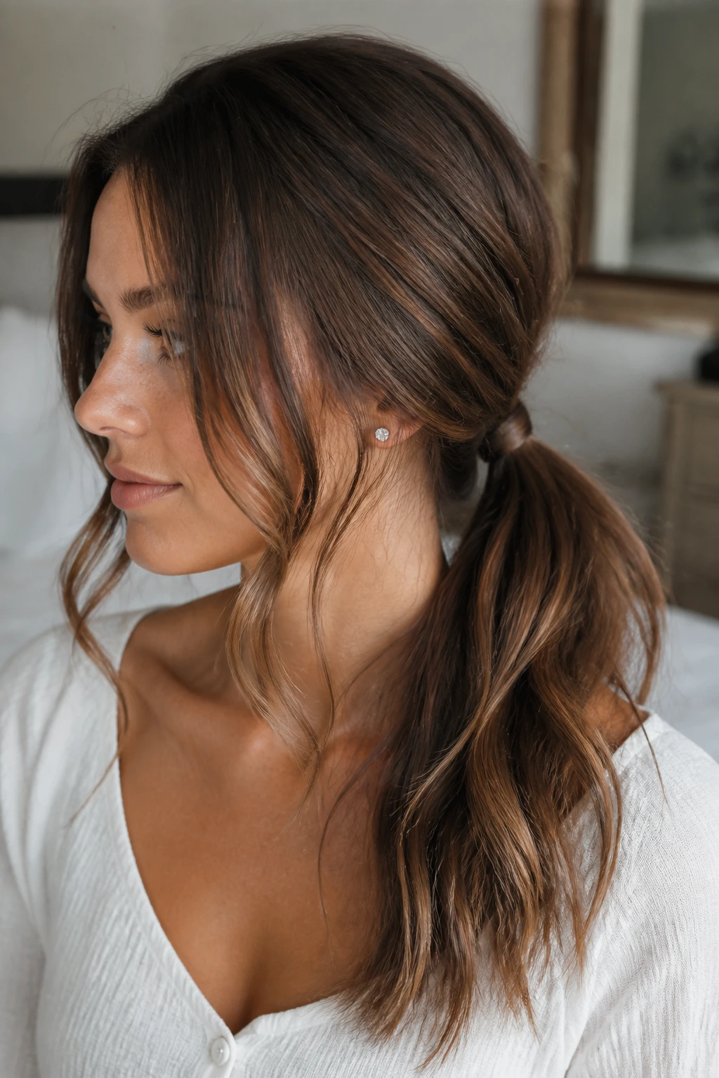 Close-up of a real woman showing a low ponytail with face-framing bends.