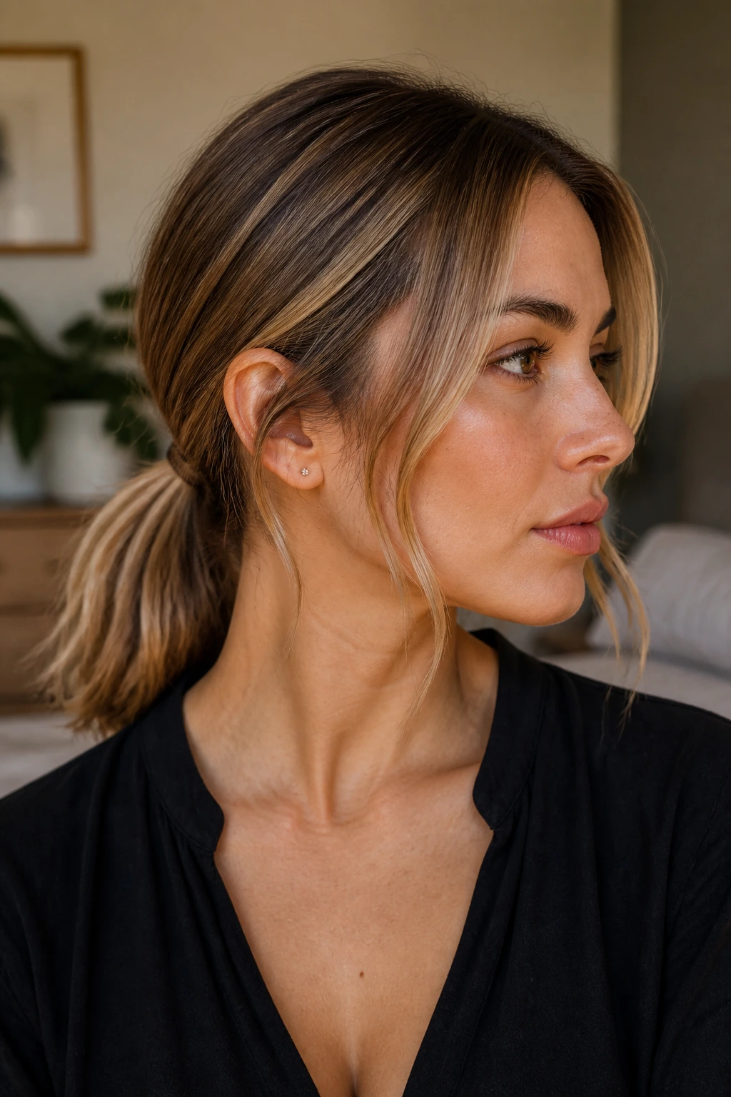 Portrait of a real person with a low ponytail and highlighted front pieces