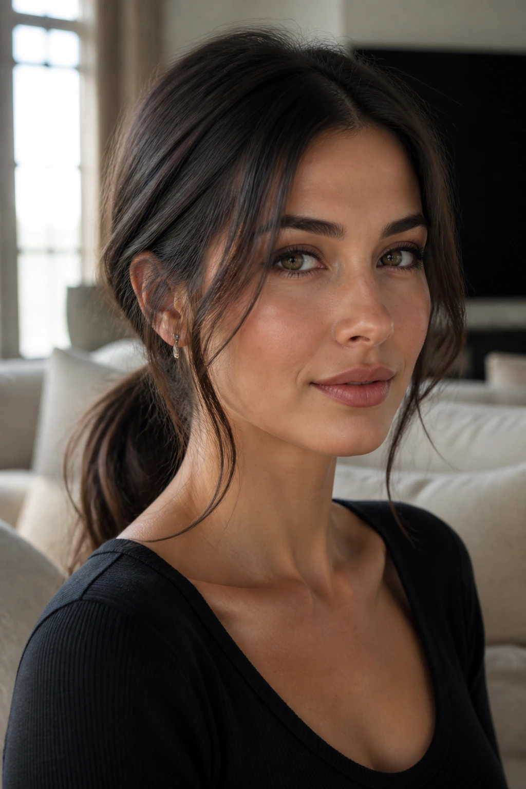 Close-up of a woman with a low loose ponytail and face-framing pieces