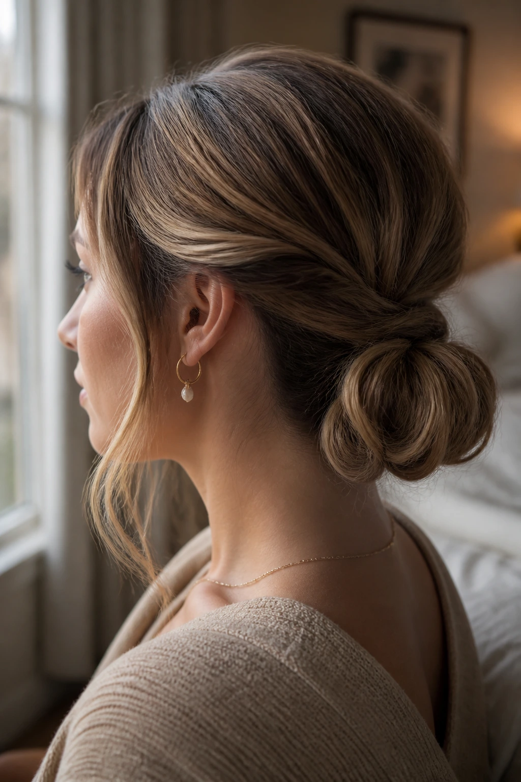 Close-up of a woman with long wavy hair in a low ponytail flip bun at the nape