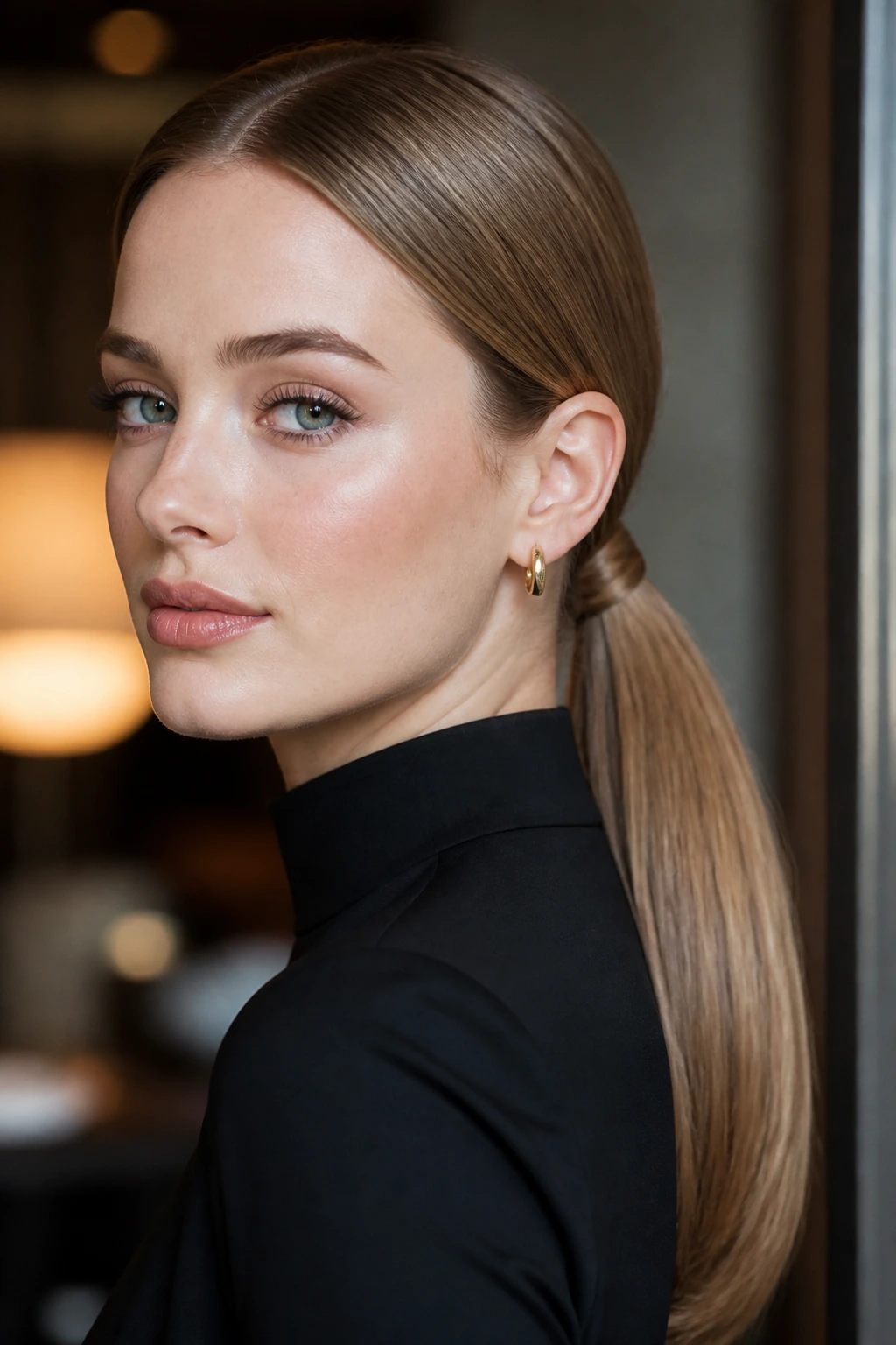 Real woman with a sleek low ponytail and glossy length in soft lighting
