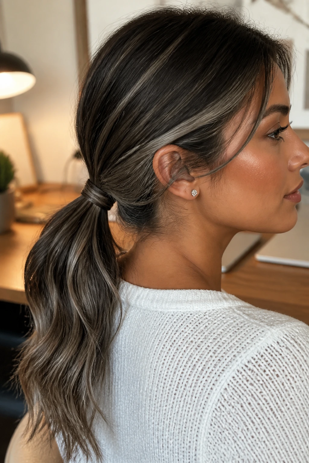 Close-up of a real person with a low ponytail showing grey slices at nape and sides