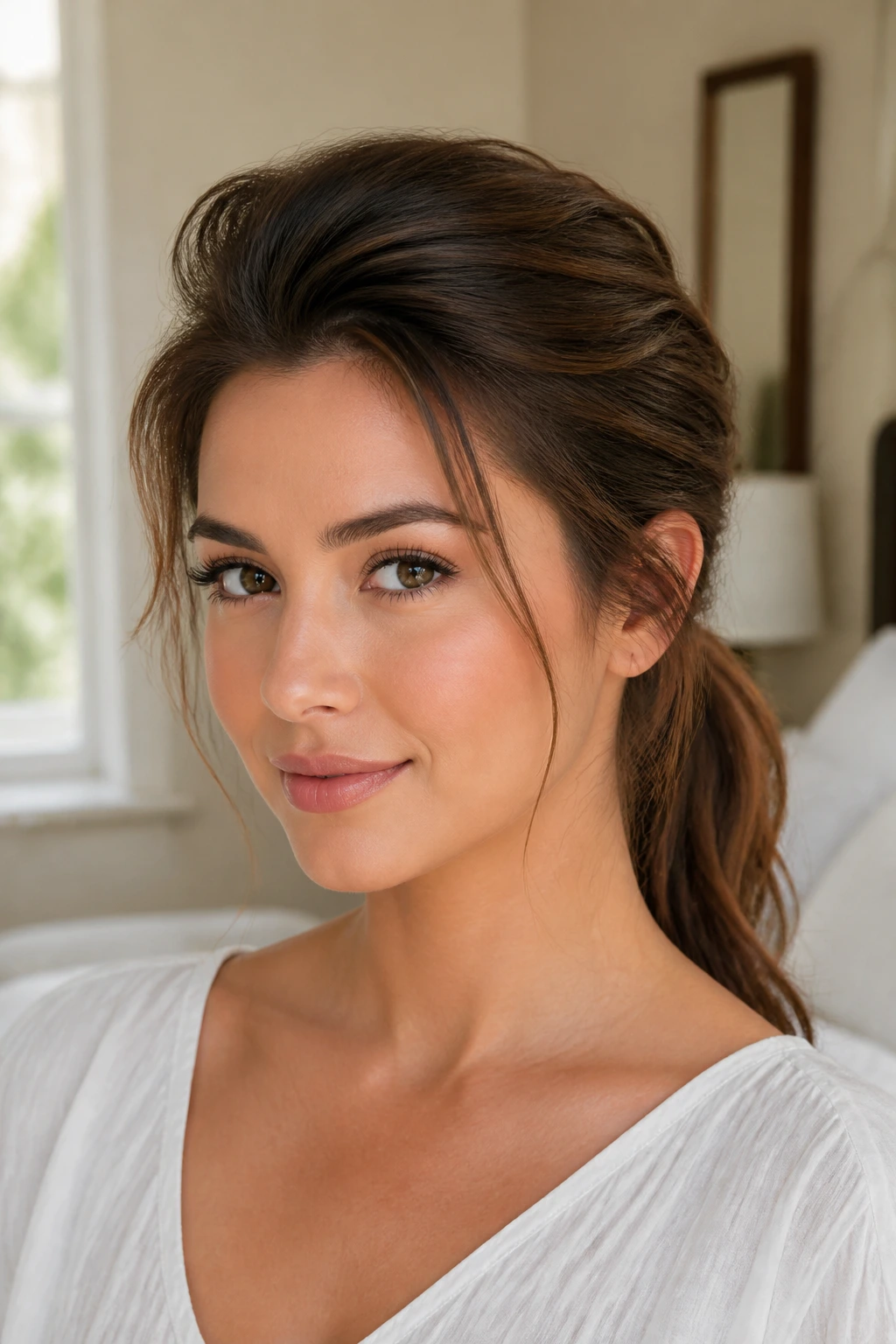 Close-up of a woman with a lifted-front low ponytail and wispy temples