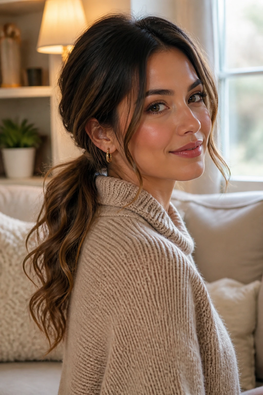 Portrait of a real woman with a low ponytail and loose curls in a cozy living room.