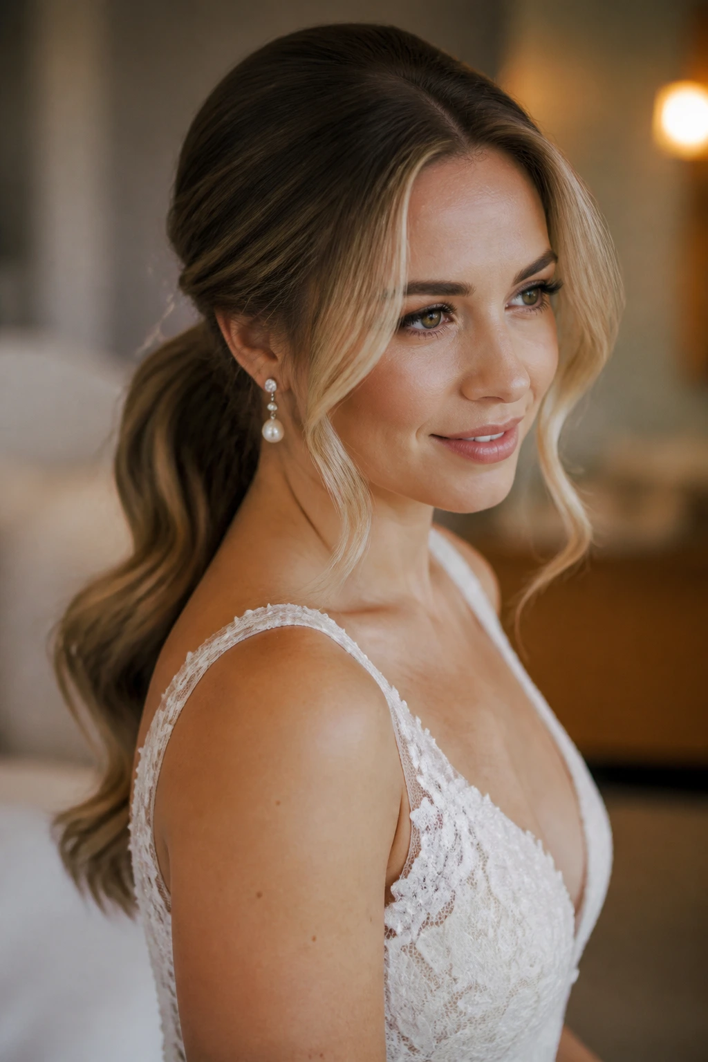 Close-up of real bride with low ponytail and floating money piece
