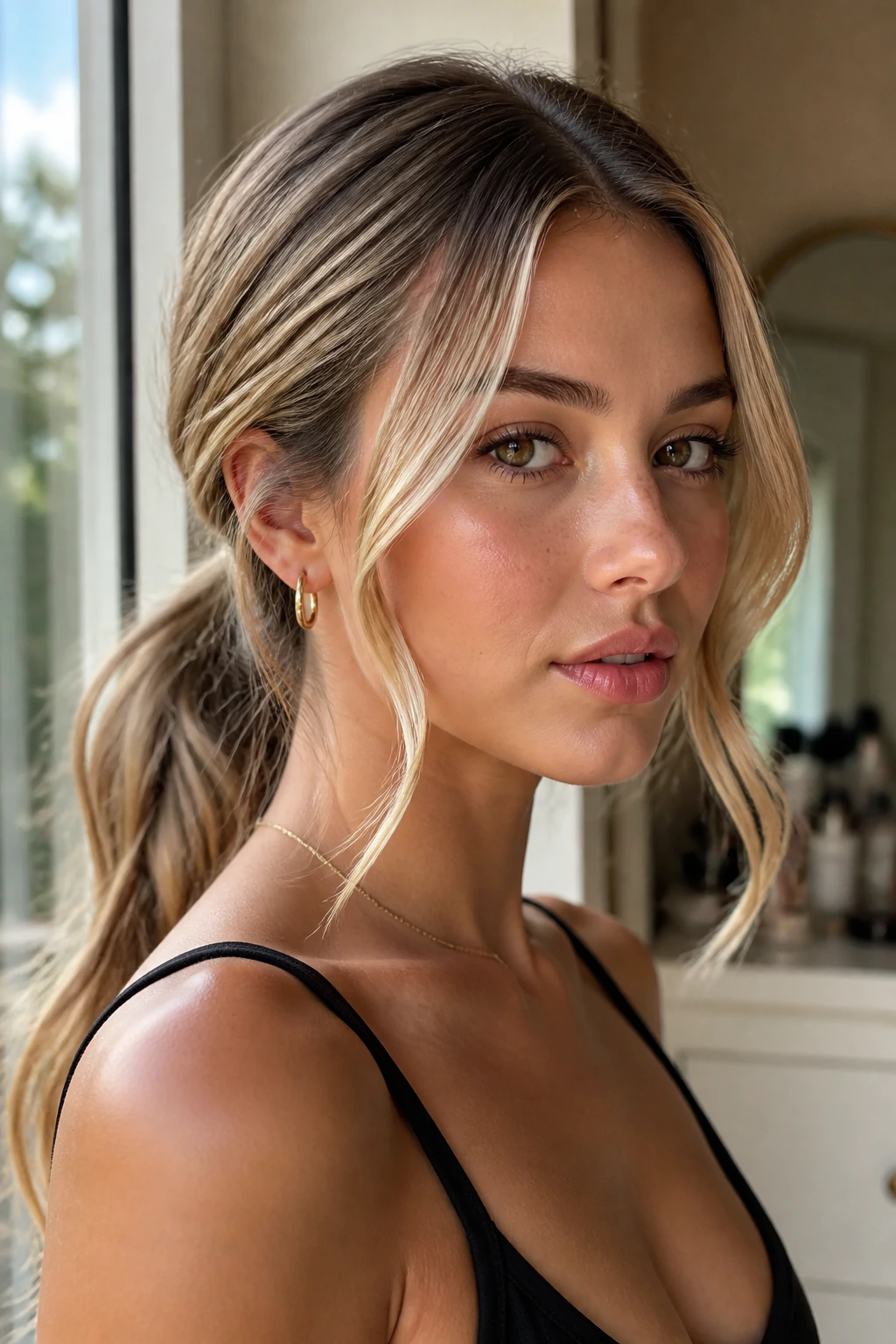 Close-up of a woman with a low ponytail and money piece highlights framing her face.