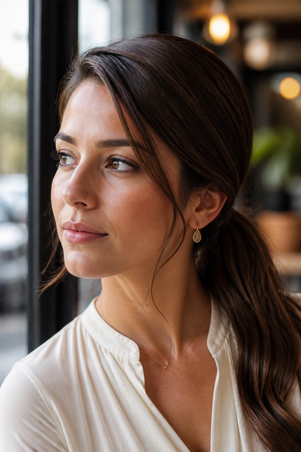 Portrait of a woman with deep side part and low ponytail