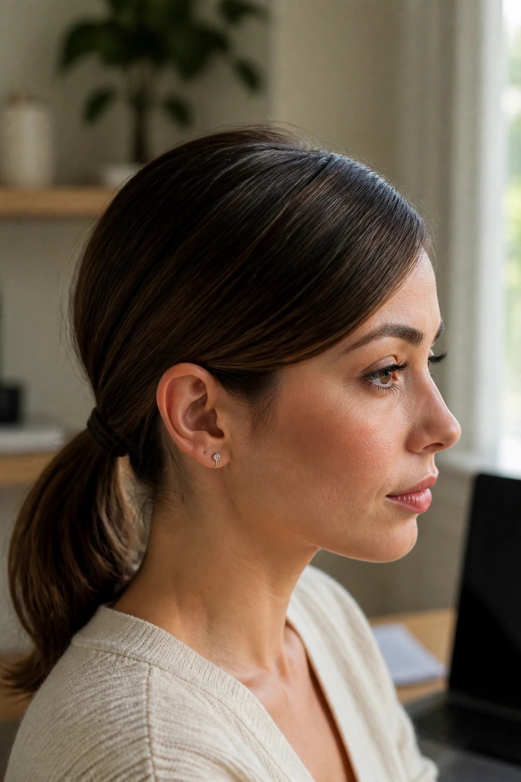 Portrait of a woman with a low ponytail and side part