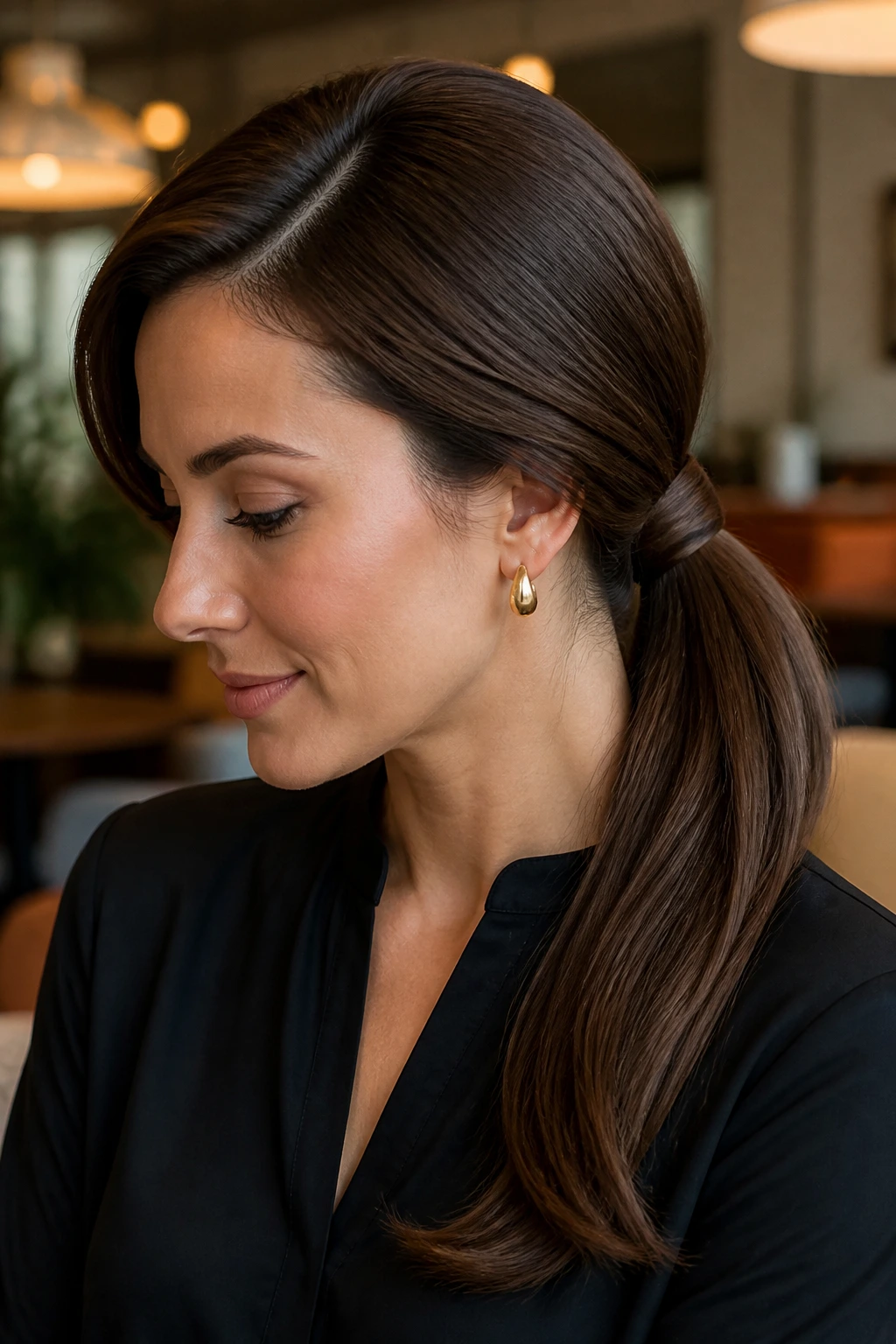 Portrait of a woman with a deep side-parted low ponytail wrapped at the base