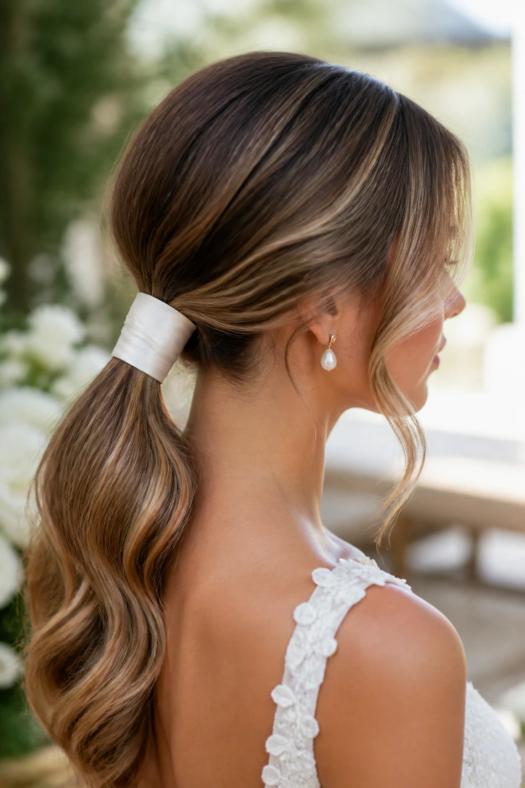 Low ponytail wrapped in silk ribbon on a real bride