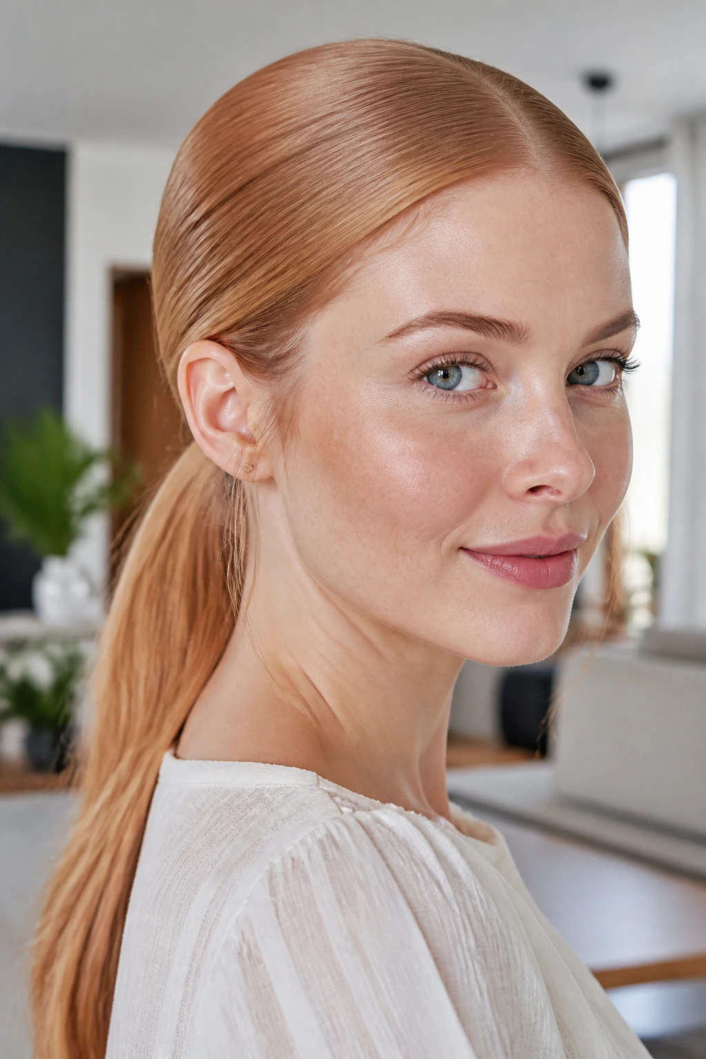 Close-up portrait of a real woman with a sleek low ponytail and glossy strawberry-blonde hair