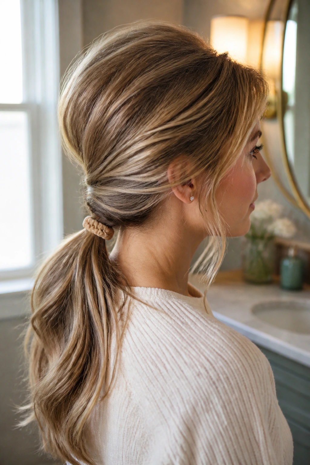 Profile view of a real woman with a teased crown and low ponytail