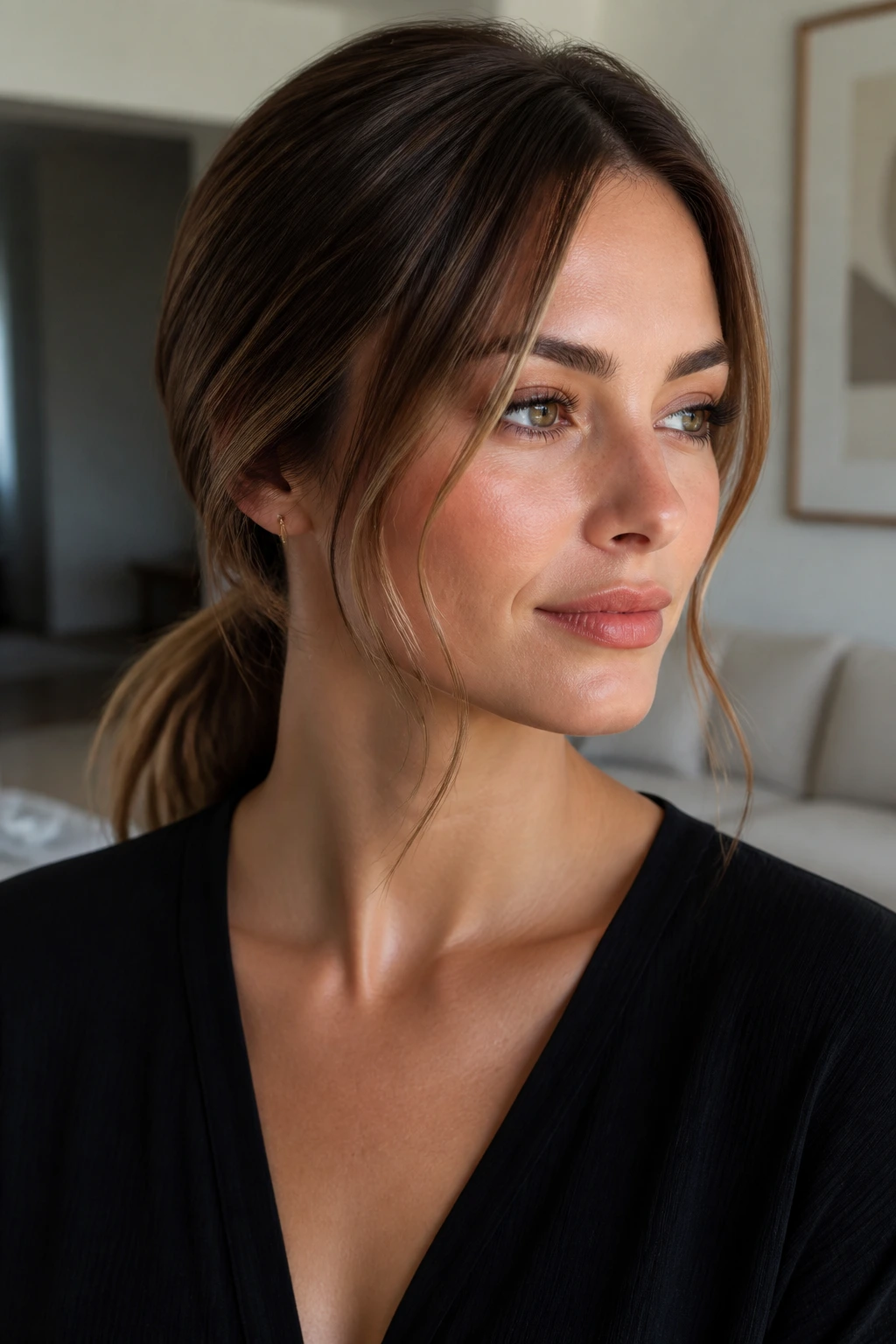 Close-up of a real woman with a low ponytail and face-framing tendrils