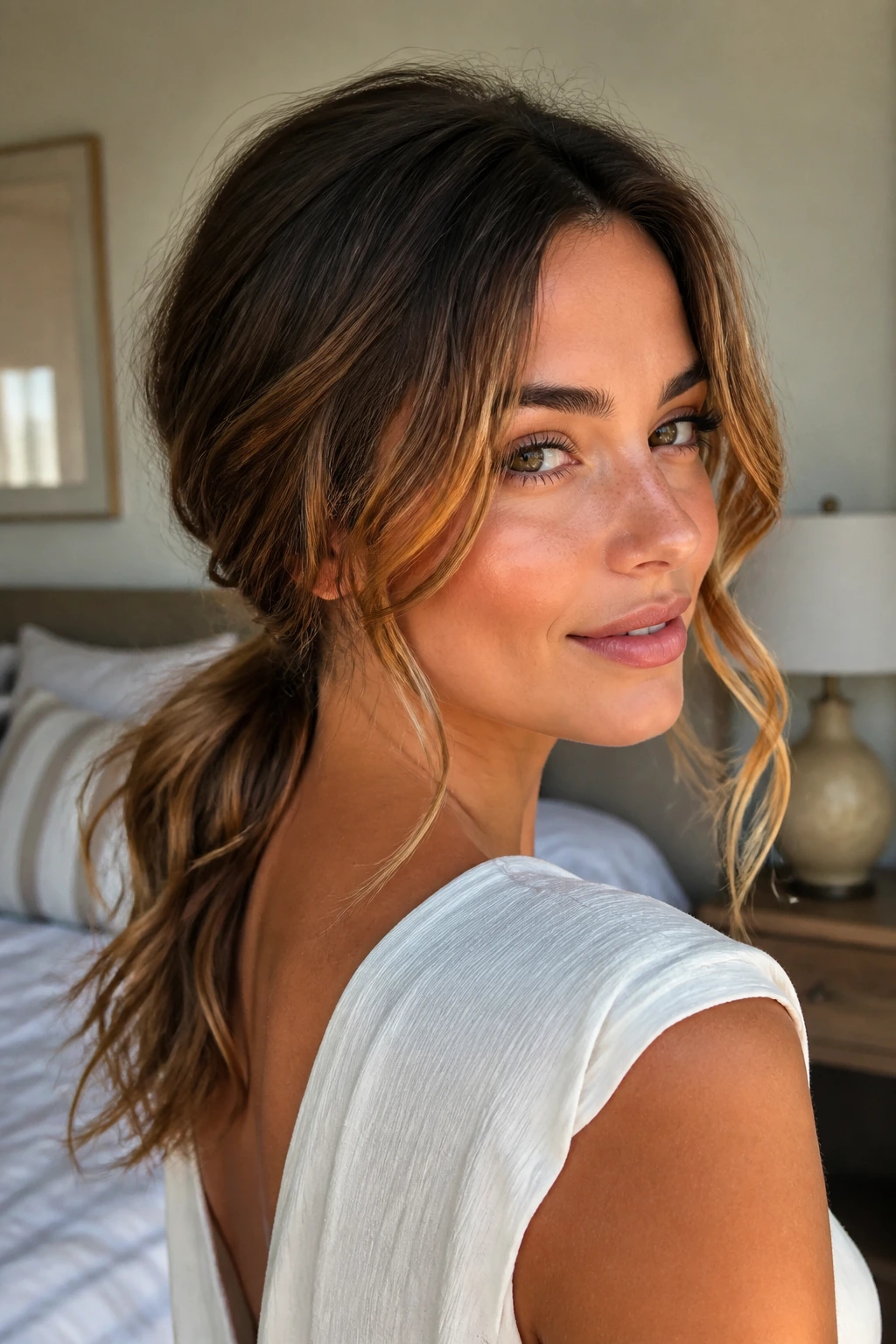 Close-up of a woman with a low ponytail and face-framing tendrils