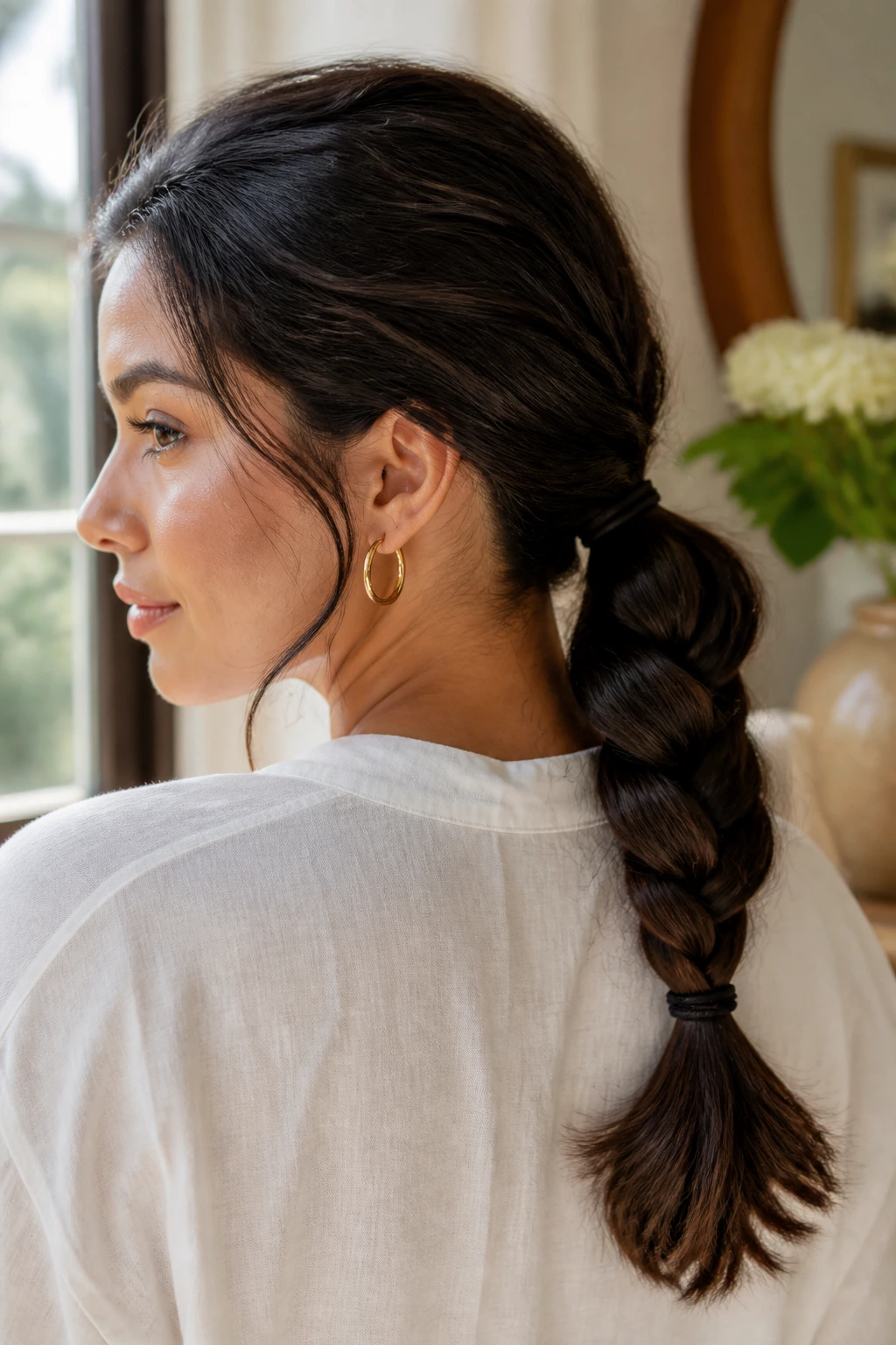 Portrait of a woman with a low braided ponytail on thick hair