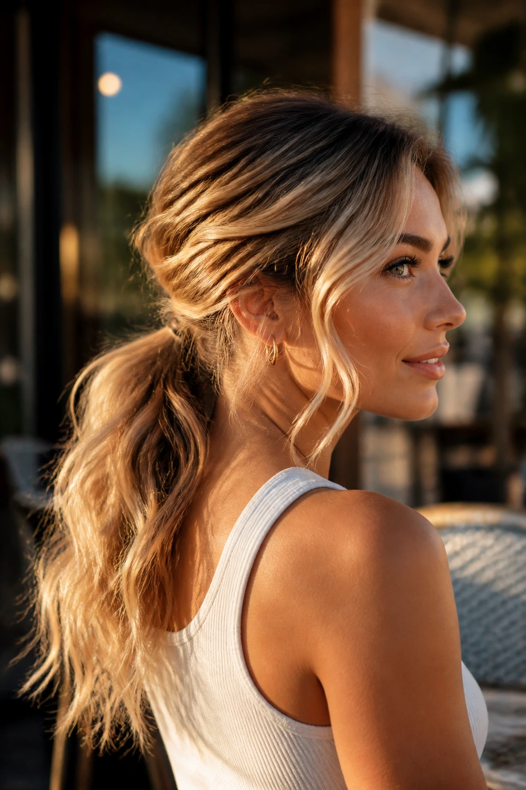 Close-up of a real woman with a low ponytail and textured wavy tail ends in outdoor cafe light