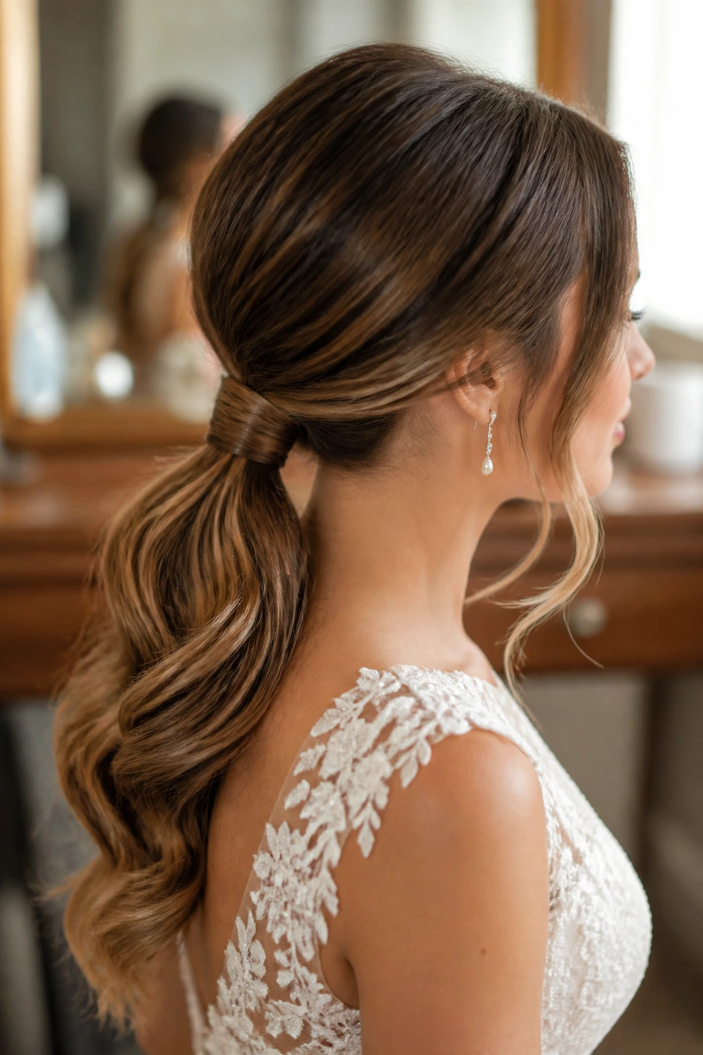 Close-up of low ponytail with wrapped base and soft waves on a real bride in a sunlit bridal suite
